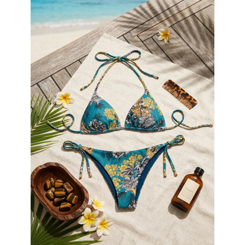 Set Bikini 2 Piezas Floral Tropical Turquesa | Turquoise Tropical Floral Print Bikini Set