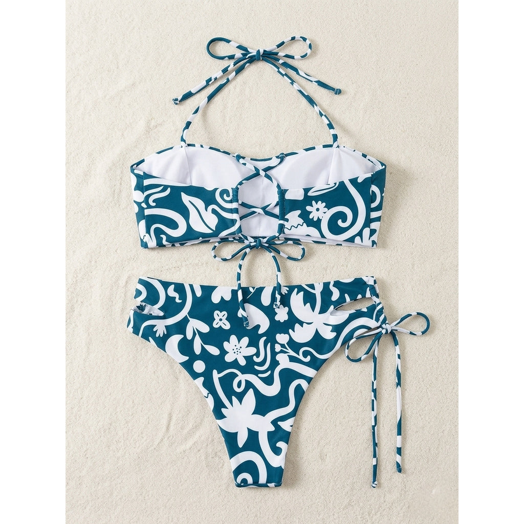 Set Bikini 2 Piezas Bandeau Estampado Botánico Verde | Green Botanical Print Bandeau Bikini Set