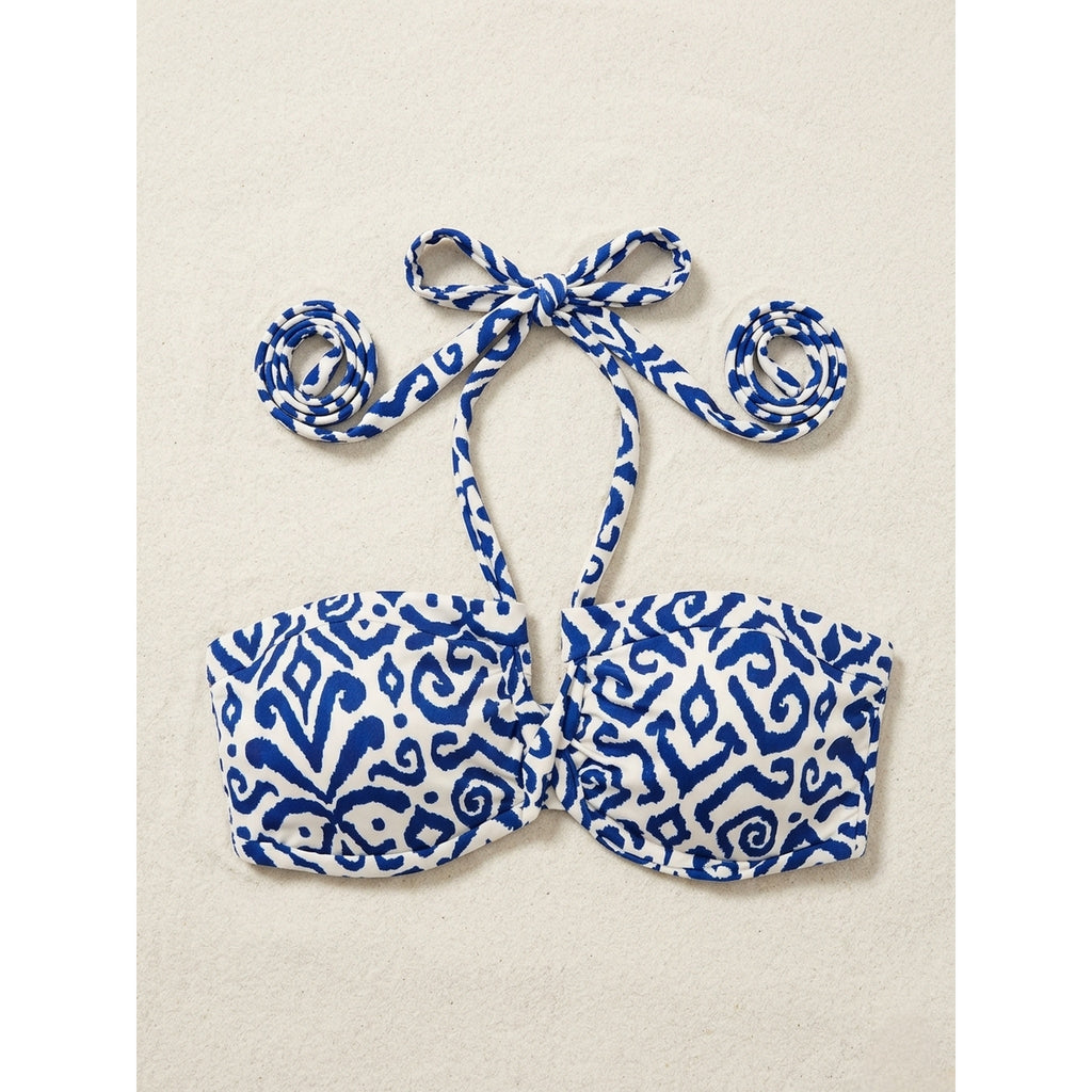 Top Bikini Cruzado Estampado Azulejo Mediterráneo | Blue Mediterranean Tile Print Crossover Bikini Top