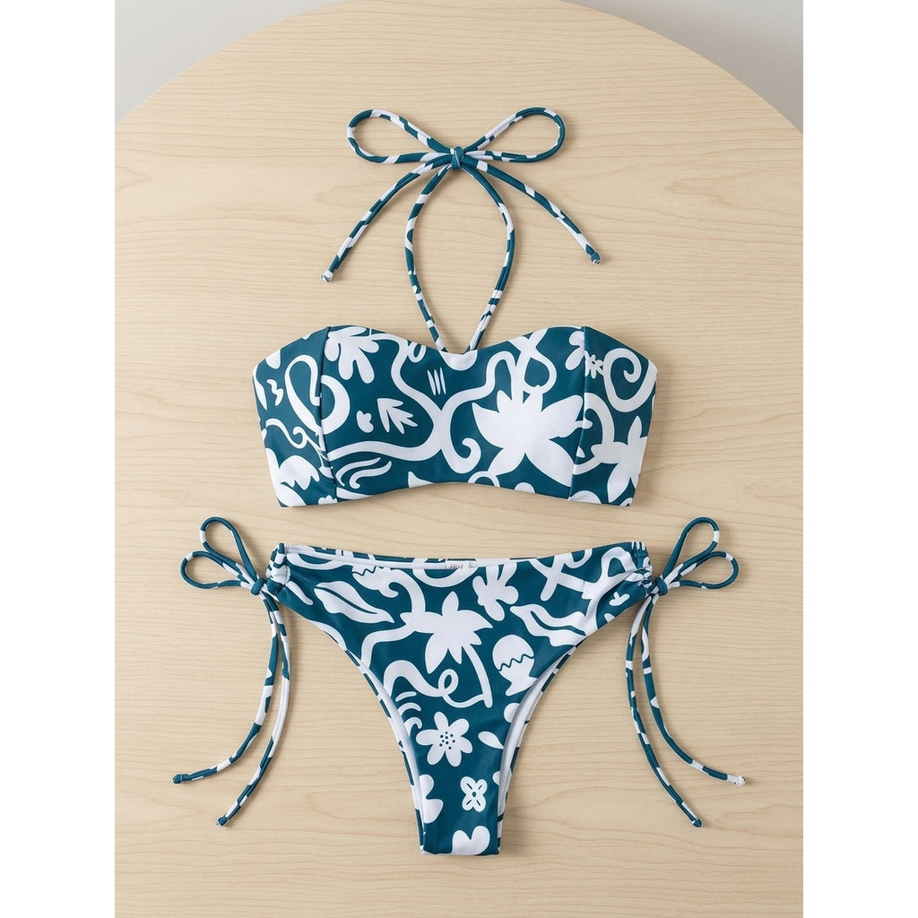 Set Bikini 2 Piezas Bandeau Estampado Botánico Verde | Green Botanical Print Bandeau Bikini Set