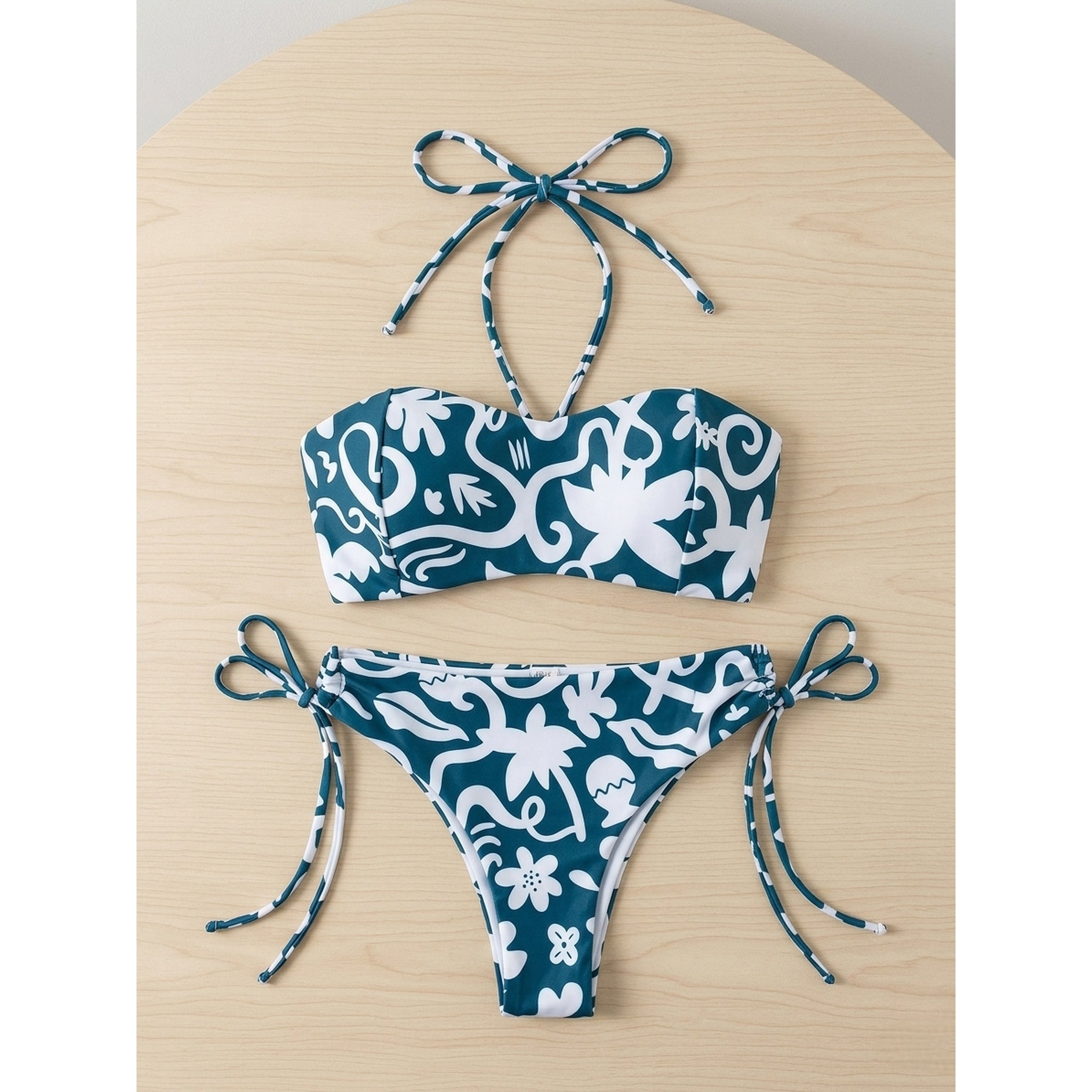 Set Bikini 2 Piezas Bandeau Estampado Botánico Verde | Green Botanical Print Bandeau Bikini Set