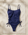 Traje de Baño Entero Ruched Azul Marino con Amarres | Navy Blue Ruched One Piece Swimsuit with Side Ties