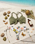 Set Bikini 2 Piezas Mix & Match Top Olive con Lazo y Bottom Floral | Olive Tie-Front Top Floral Bottom Bikini Set